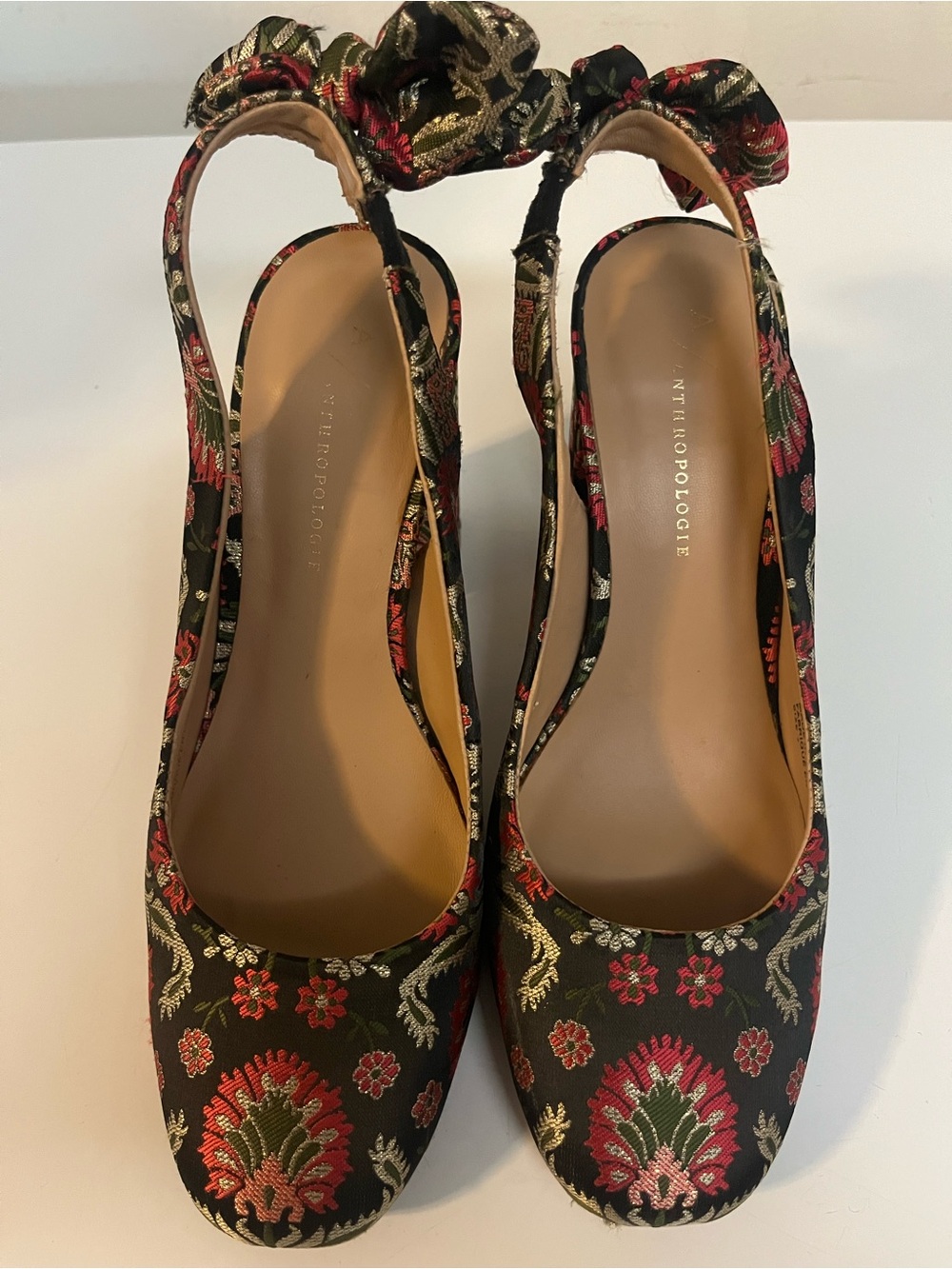 Anthropologie Sz 7 Floral Brocade Block Heel Slingback Pumps Ankle Bow at Heel